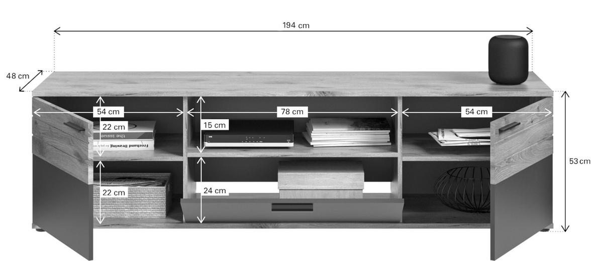 TV-LOWBOARD Eiche, grau 194 cm, XL Flat TV Unterschrank mit Soft-Close - Eichefarben/Schwarz, Holzwerkstoff/Kunststoff (194/53/47cm) - Inn.Furn