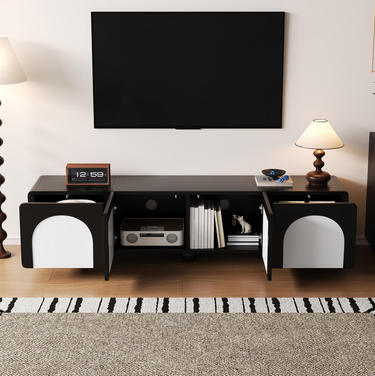 TV-SCHRANK mit 2 Schubladen und 2 Türen 180 x 38 x 45 cm Schwarz Weiß - Schwarz, Holzwerkstoff (38/45/180cm) - Beauniv