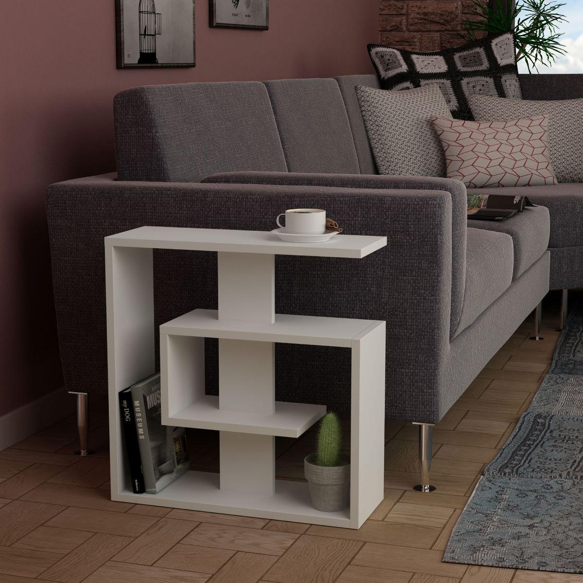 BEISTELLTISCH mit 4 weißen Regalen H57 cm - Saly - Weiß, Holzwerkstoff (16/20/57cm) - Calicosy