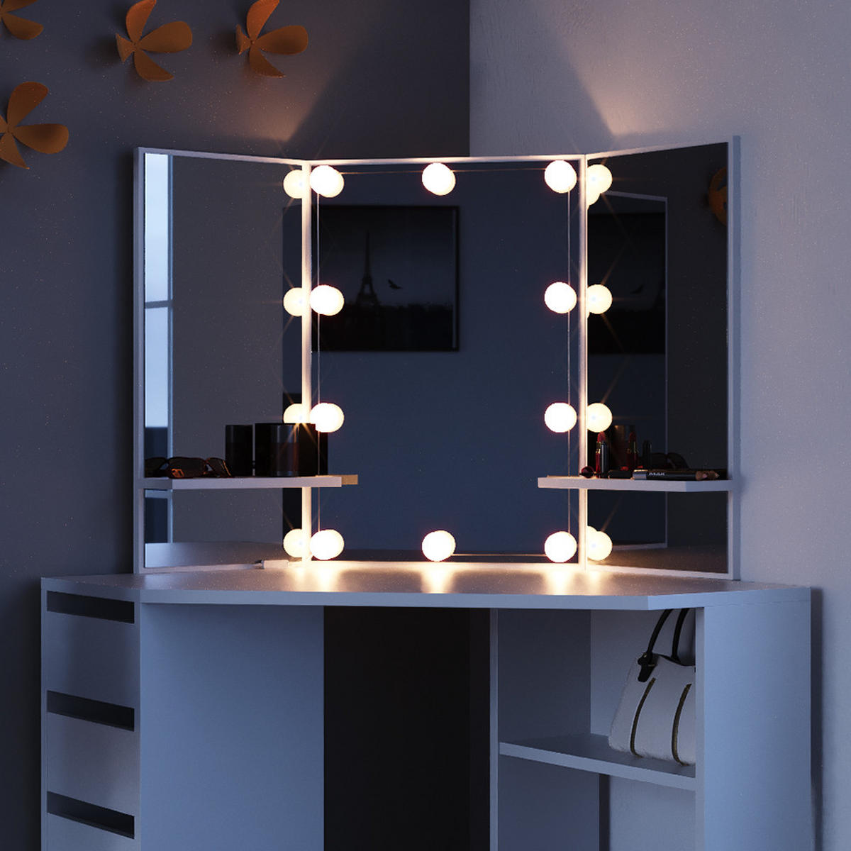 ECKSCHMINKTISCH Arielle Weiß 110 cm mit LED Beleuchtung - Weiß, Holzwerkstoff (110/141.5/54cm) - Vicco