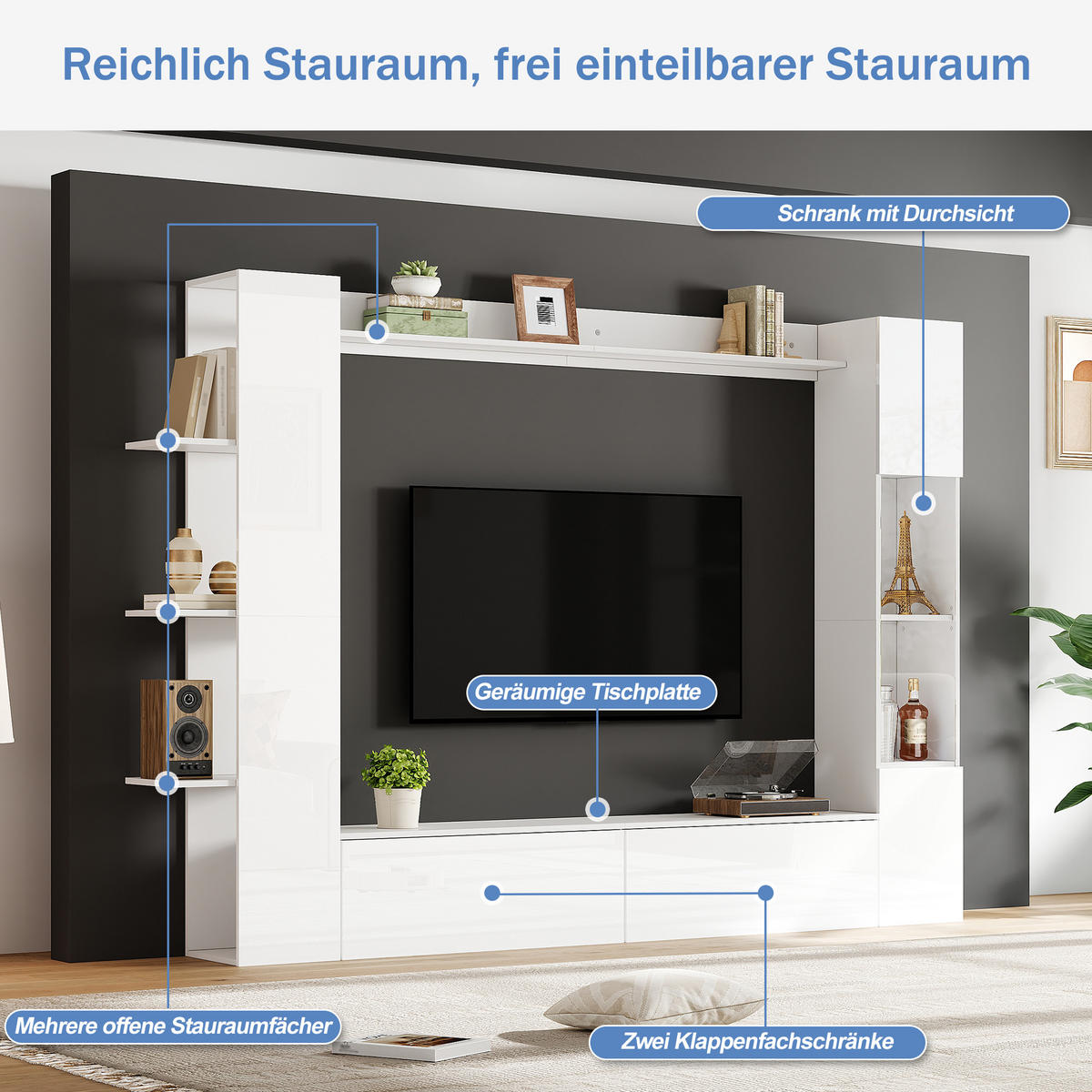 WOHNWAND in Weiß Wohnzimmer-set mit Vitrine und TV-Schrank für das Wohnzimmer - Weiß, Holzwerkstoff (228/170/30cm) - STILVORA
