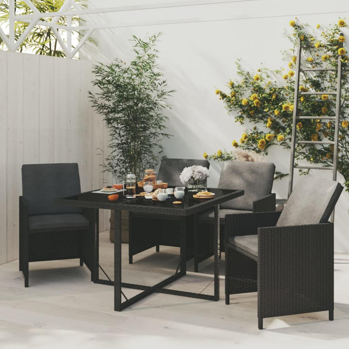 GARTEN-ESSGRUPPE 5-teilig Mit Kissen Poly Rattan Schwarz - Schwarz, Kunststoff/Textil - vidaXL