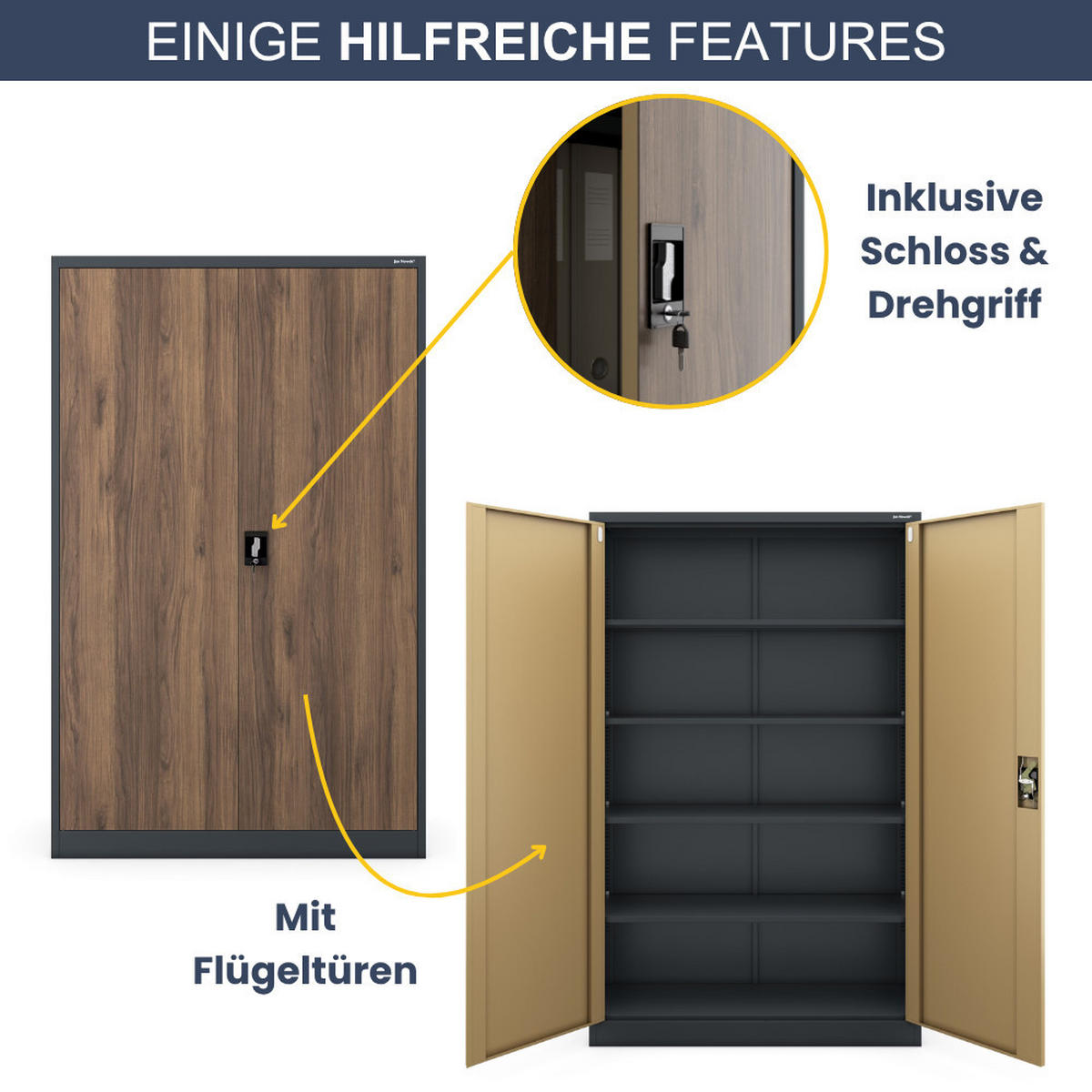 AKTENSCHRANK abschließbar KADO Flügeltüren 185x115x40cm Anthrazit-Nussbaum - Anthrazit, Metall (115/185/40cm) - DELUKE