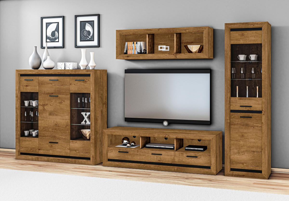 VITRINE Baltica Lefkas Eiche / Schwarz 90 / 43 / 136cm - Eichefarben/Braun, Holz/Holzwerkstoff (90/136/43cm) - Feldmann-Wohnen