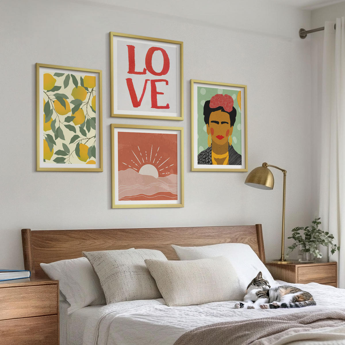 BILDER SET 4er Set - 50x50 cm & 40x60 cm Goldrahmen - Zitronen Inschrift Liebeslandschaft Frida - Goldfarben, Kunststoff (50/50cm) - TULUP