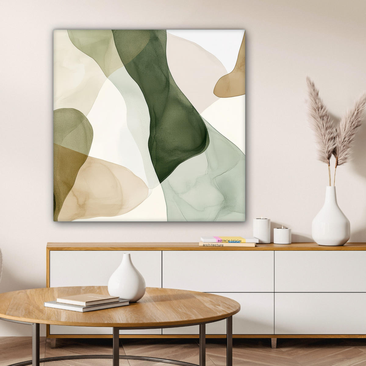 LEINWANDBILD Japandi - Abstrakt - Grün Deko Groß 90x90 cm - Multicolor, Textil (90/90cm) - MuchoWow