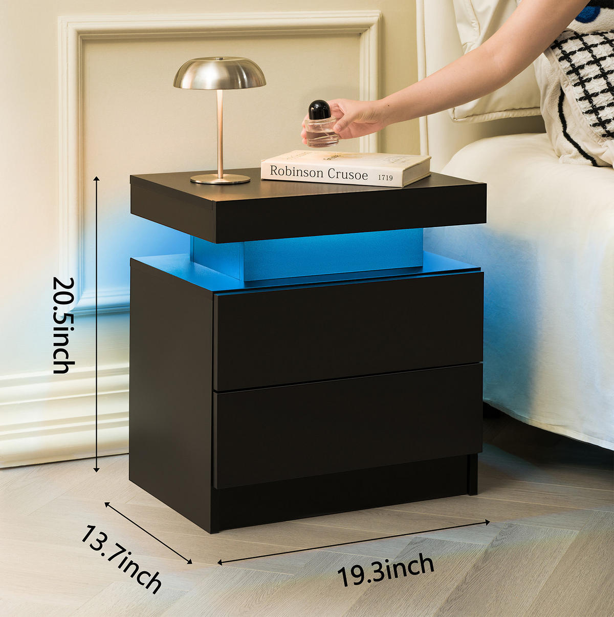 NACHTTISCH aus Holzwerkstoff 50x53x36 cm Schwarz mit LED-Beleuchtung und 2 Schubladen - Schwarz, Holzwerkstoff (50/36/53cm) - Modfu