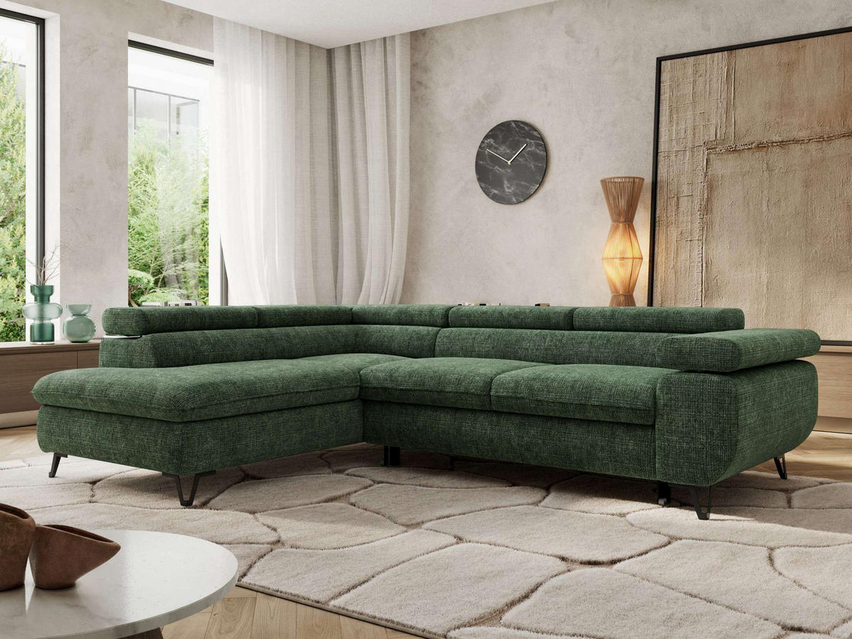 ECKSOFA PABLO L Dunkelgrün Schenille grob gewebt - Links Seite mit Visco Topper - Dunkelgrün/Schwarz, Textil/Metall (208/273cm) - MKS