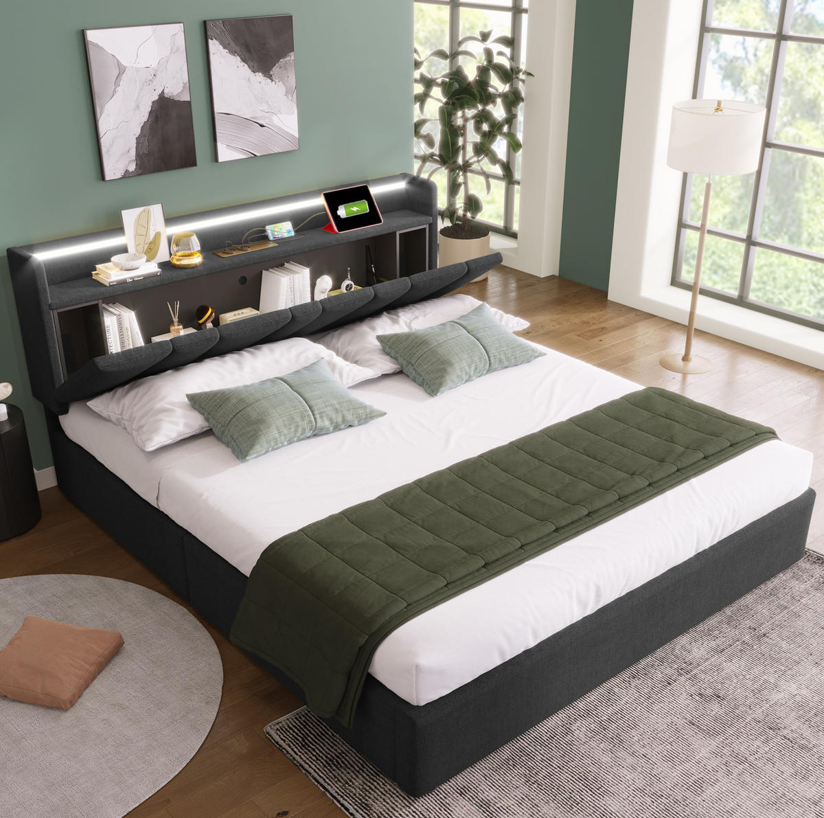POLSTERBETT aus Leinen 140x200 cm Grau mit Stauraum-Kopfteil, LED-Beleuchtung und USB-Anschluss - Grau, Textil (140/200cm) - IVMEU