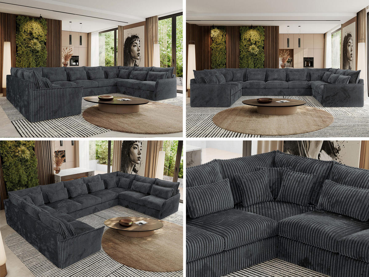 WOHNLANDSCHAFT VERSO U 9M Dunkelgrau Cord - Dunkelgrau/Schwarz, Kunststoff/Textil (442/93/270cm) - MKS