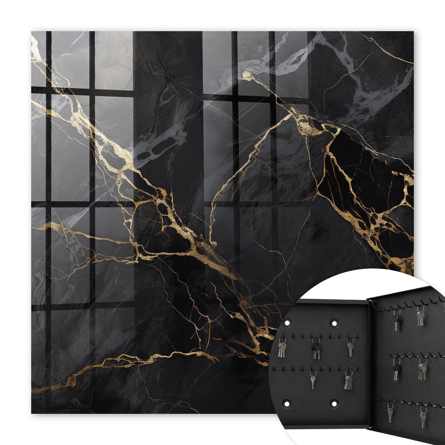 SCHLÜSSELBOX Schwarz 30x30 cm- Türöffnung nach rechts - Elegantes Muster - Schwarz, Metall (30/30/5cm) - TULUP