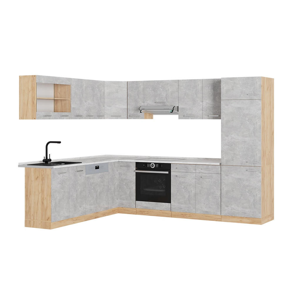 ECKKÜCHE R-Line, Beton/Goldkraft Eiche, 287 x 227 cm, AP Marmor - Honigeiche/Grau, Holzwerkstoff (287/81.6/60cm) - Vicco