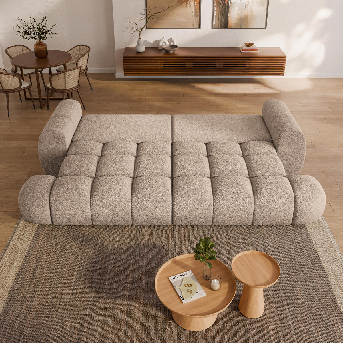 BETTSOFA DAFNE Beige Bucle-Stoff mit Schlaffunktion - Beige, Textil (300/88/113cm) - MASSENO