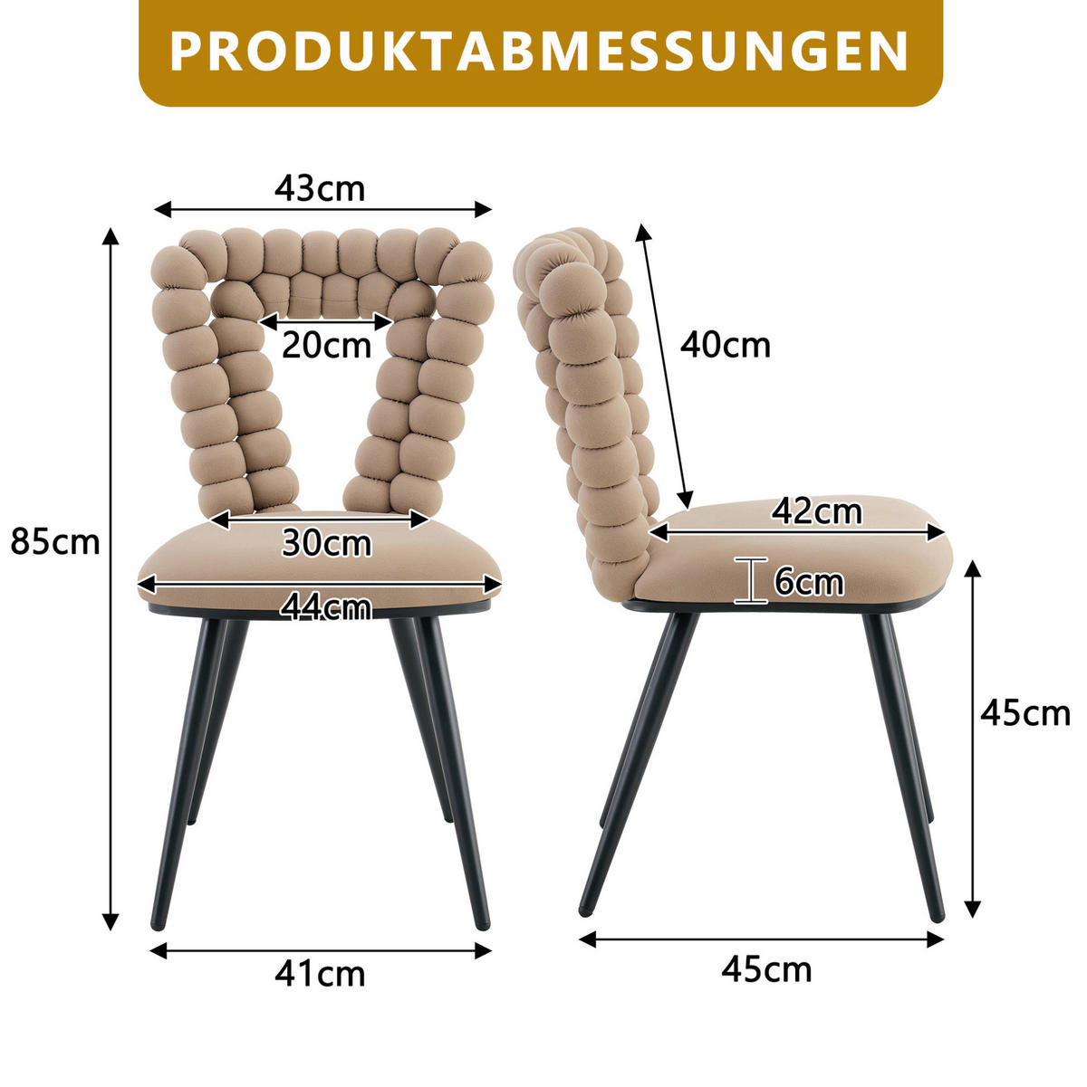 ESSZIMMERSTUHL 2er-Set Samt Camel mit Metallbeinen - Braun, Metall (44/85/45cm) - Meubliv