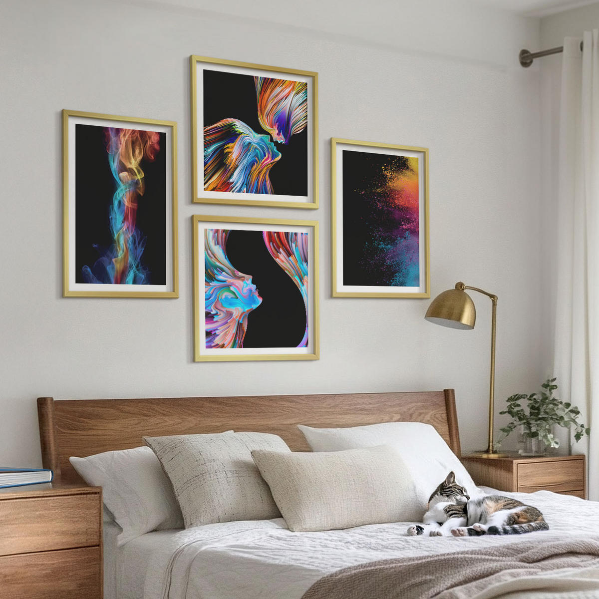 WANDBILDER 4er Set - 50x50 cm & 40x60 cm Goldrahmen - Farbenfrohe Abstraktionen, Gesichter, Formen - Goldfarben, Kunststoff (50/50cm) - ArtPrintCave