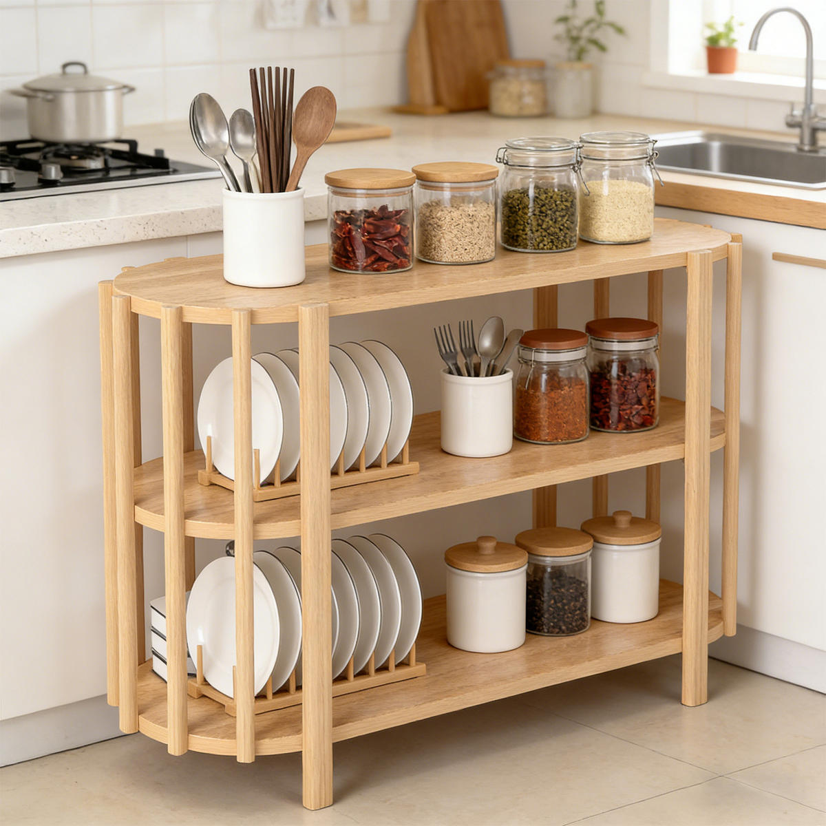 OVALER Couchtisch mit 3 Ablagen – Wohnzimmertisch in Holzoptik, MDF, 114 × 38 × 75 cm, Natur - Naturfarben, Holzwerkstoff (114/38/75cm) - Ej. Life