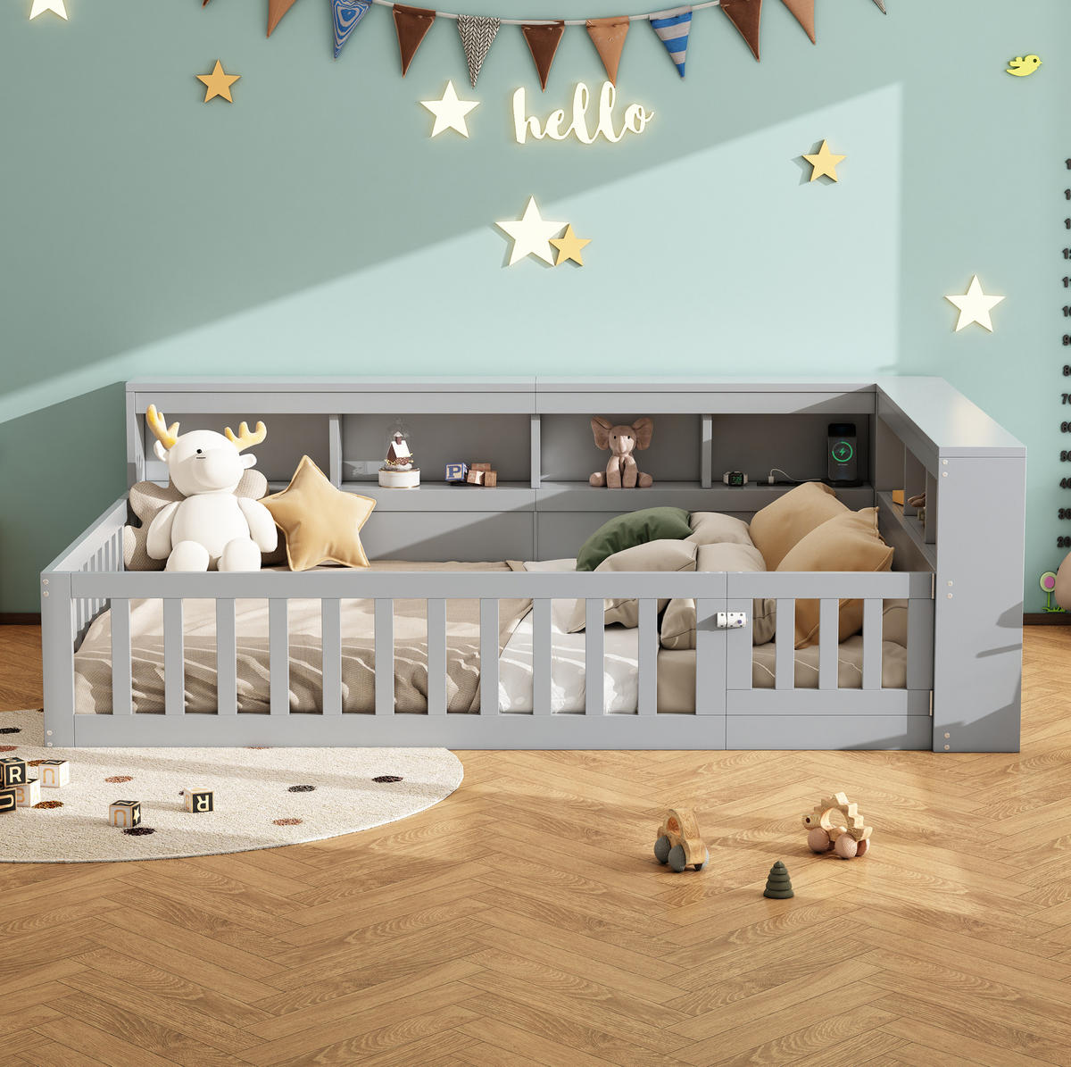 KINDERBETT aus Spanplatte und MDF 140x200 cm in Grau mit USB & Steckdose - Grau, Holzwerkstoff (140/200cm) - Modfu