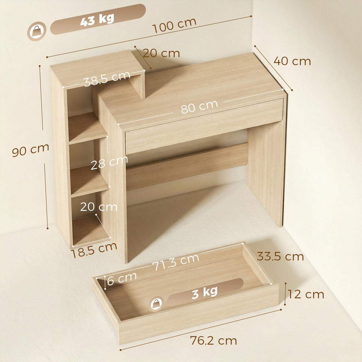 BÜROTISCH Holzfarbe 1 Stück - Eukalyptusholzfarben, Holzwerkstoff (40/100/90cm) - GiPP