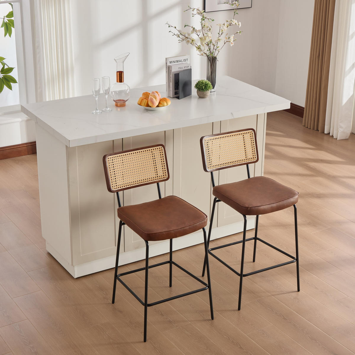 BARHOCKER DE-36881 2er-Set mit PU-Leder und Rattan-Optik Braun - Braun, Metall (59.8/96.5/46.2cm) - ComfortXL