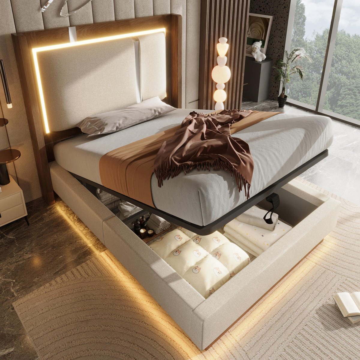 POLSTERBETT 90/200 cm aus Leinen und Holz mit LED und Bettkasten Beige - Beige, Textil (90/200cm) - Modenvie