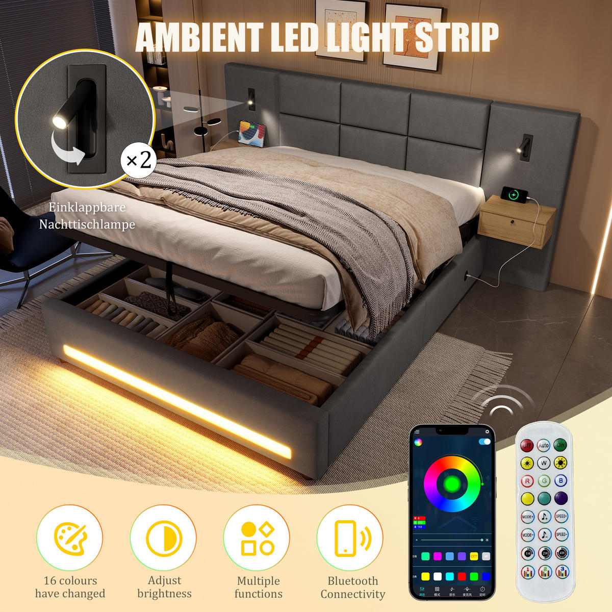 POLSTERBETT 180/200 cm Dunkelgrau mit 2 Stauschubladen, LED-Nachtlicht und USB-C-Anschlüssen - Dunkelgrau, Textil (180/200cm) - Oxeza