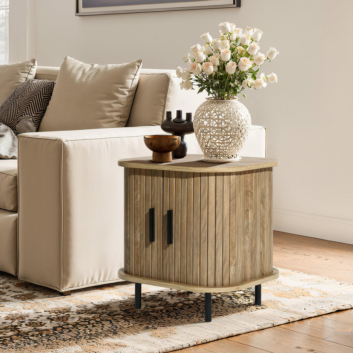 NACHTTISCH Mid-Century mit Rolltür, Holz | B45 x T40 x H48 cm - Braun, Holzwerkstoff (45/48/40cm) - Hometopia