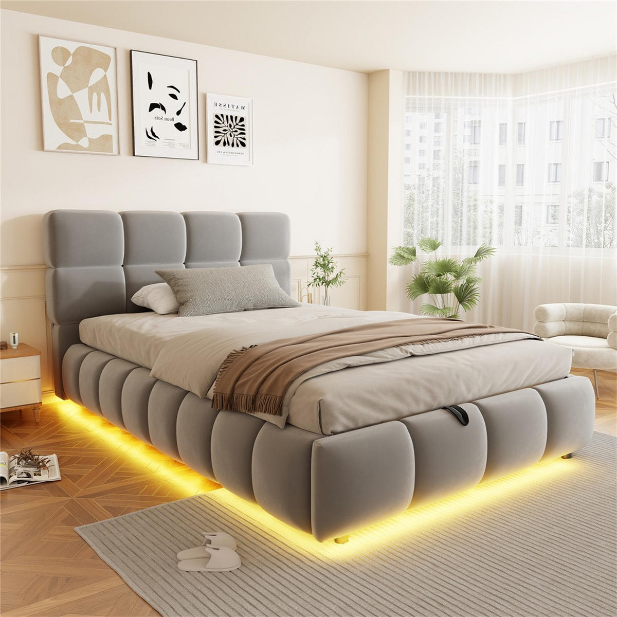 POLSTERBETT 90x200 cm mit LED Beleuchtung - hydraulischem Stauraum - Grau - Samt - ohne Matratze - Grau, Textil (90/200cm) - DELFA