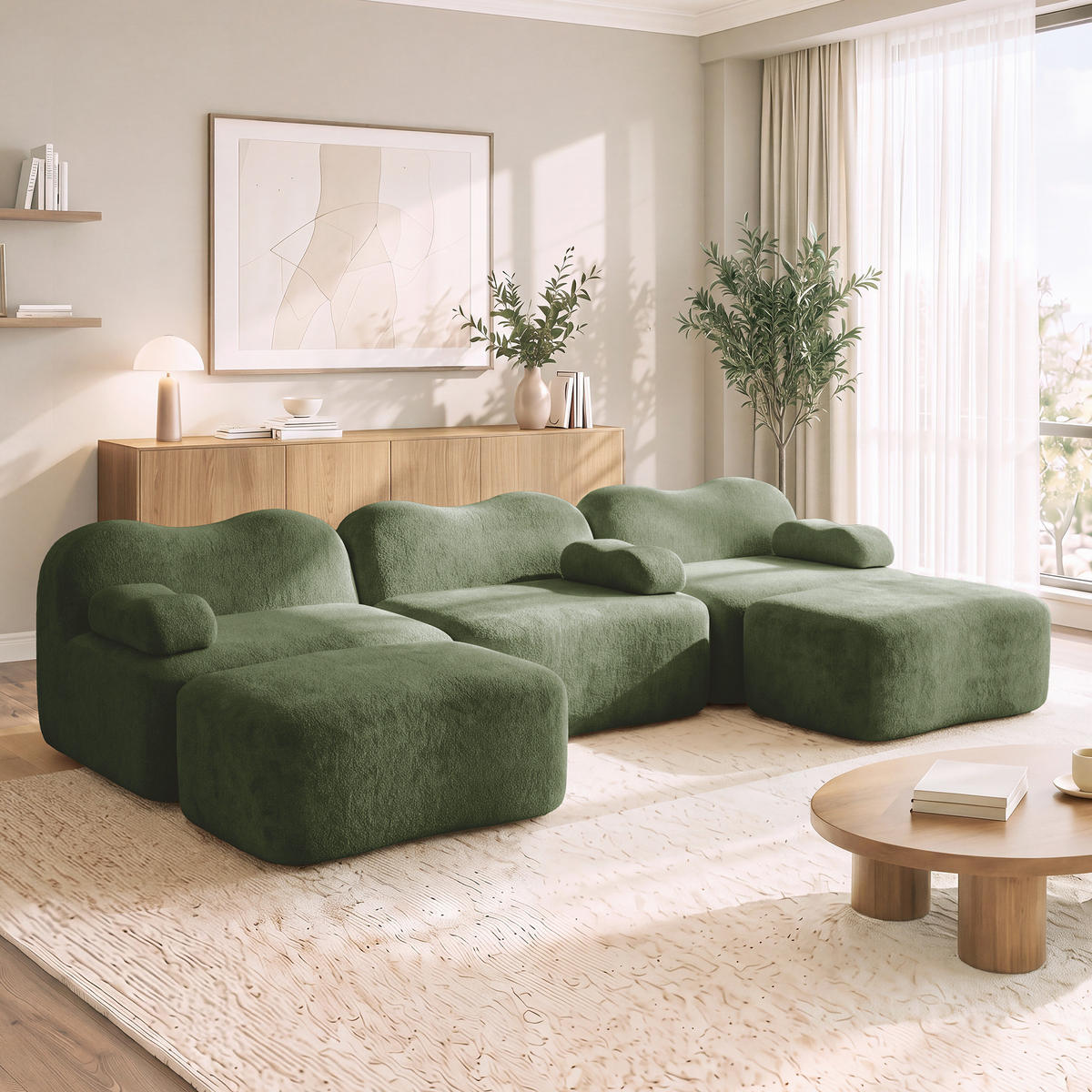 MODULARES Ecksofa mit Samtbezug in Grün 167x288x70 cm, tiefer Sitzfläche und flexiblem Hocker - Grün, Textil (288/70/167cm) - IVMEU