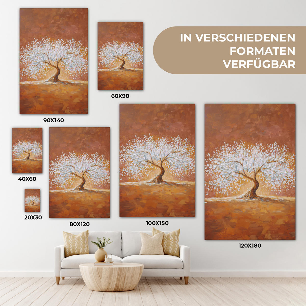 LEINWANDBILD Abstrakt - Baum - Weiß - Blätter Deko Groß 90x140 cm - Braun, Textil (90/140cm) - MuchoWow