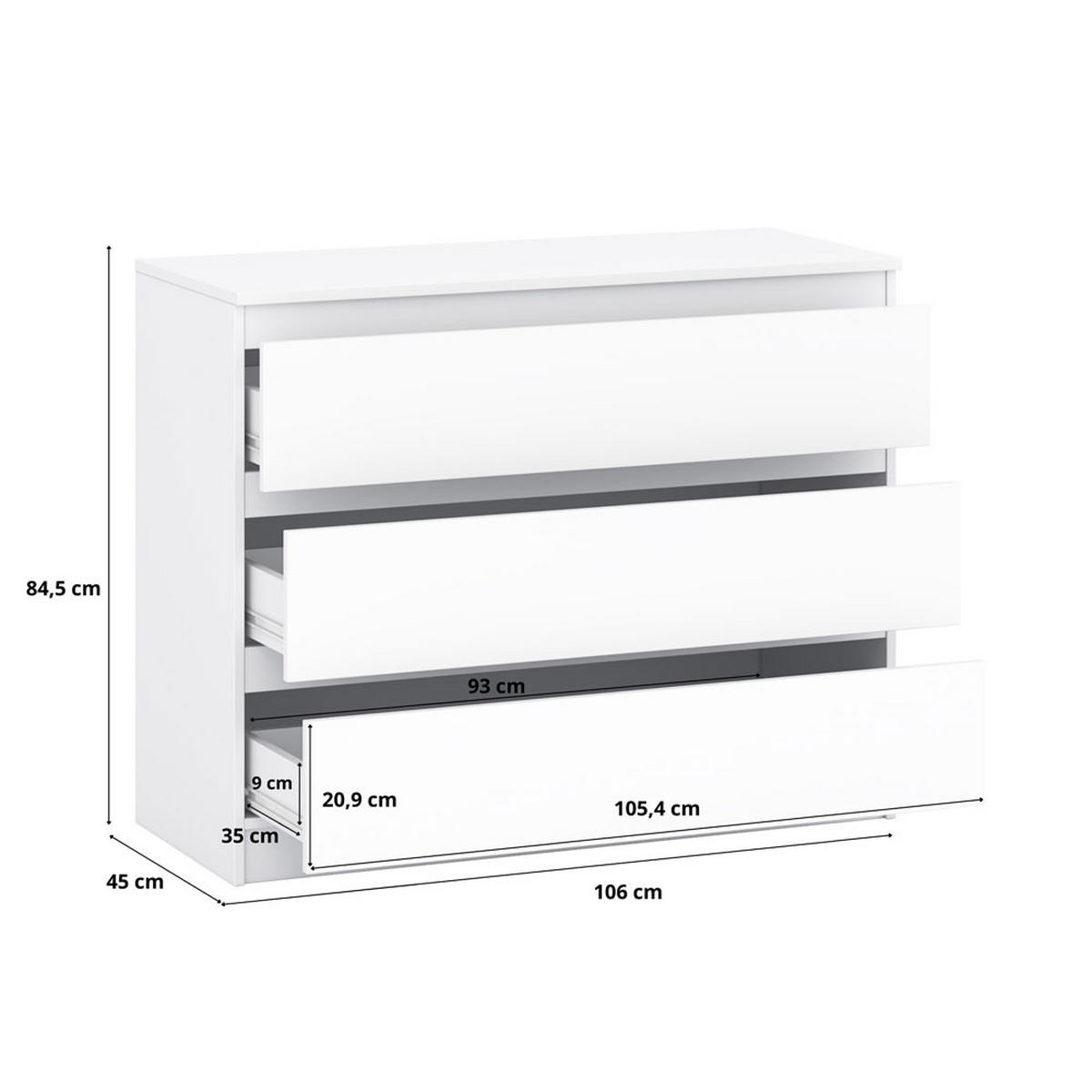 KOMMODE A12b weiß 106 / 45 / 84cm - Weiß, Holz/Holzwerkstoff (106/84/45cm) - Feldmann-Wohnen