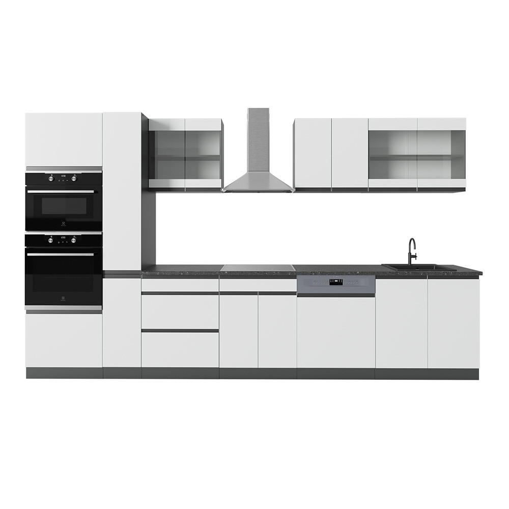KÜCHENZEILE R-Line Weiß/Anthrazit 350 cm J-Shape mit Hochschrank ohne AP - Anthrazit/Weiß, Holzwerkstoff (350/81.6/46cm) - Vicco
