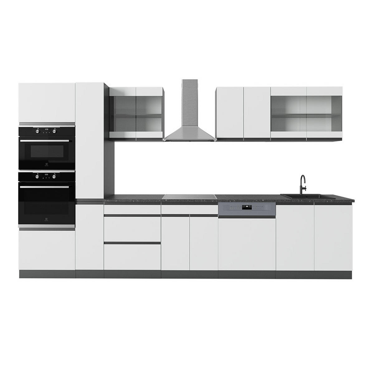 KÜCHENZEILE R-Line Weiß/Anthrazit 350 cm J-Shape mit Hochschrank ohne AP - Anthrazit/Weiß, Holzwerkstoff (350/81.6/46cm) - Vicco