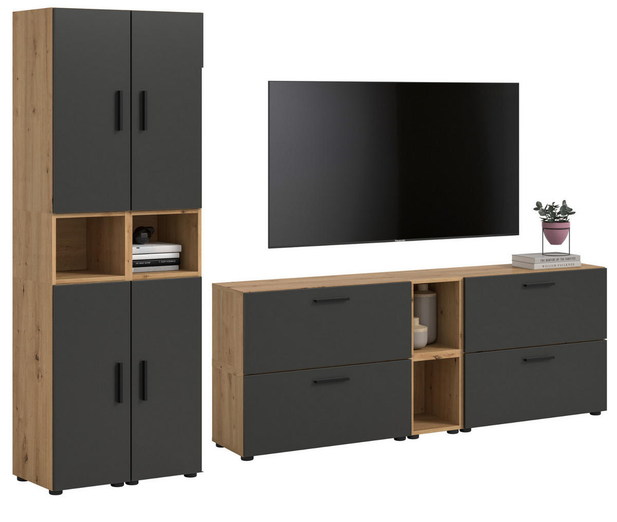 WOHNWAND grau, Eiche Artisan 256 x 178 cm, Schrankwand mit Soft-Close - Schwarz/Eiche Artisan, Holzwerkstoff/Kunststoff (256/151/34cm) - Inn.Furn