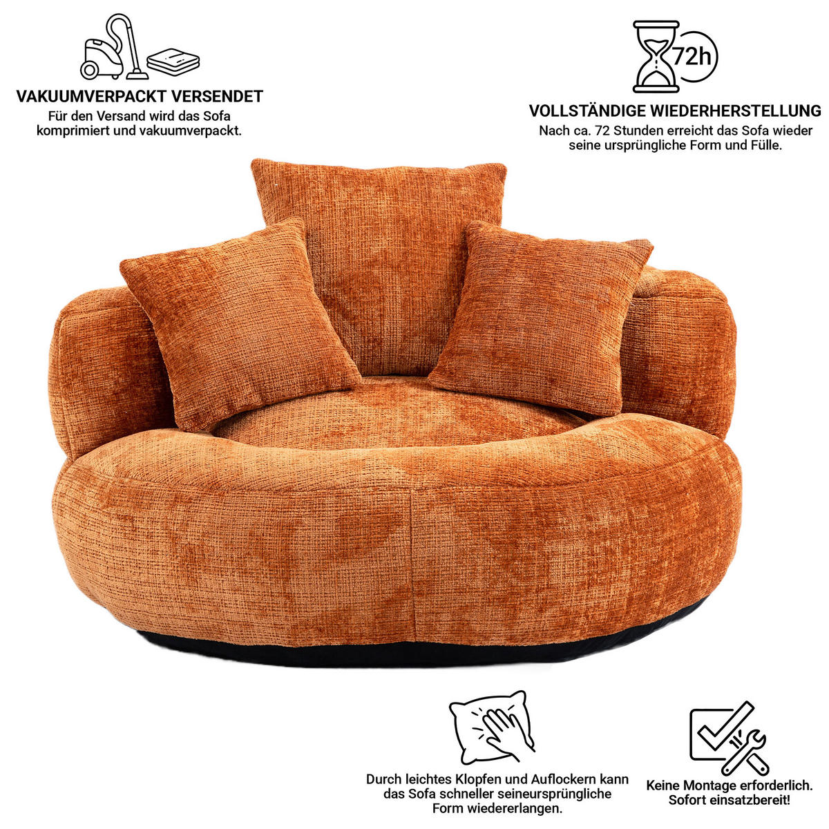 SITZSACK Orange mit hoher Rückenlehne, Chenille - Orange, Textil (108/52/108cm) - CHICFURN