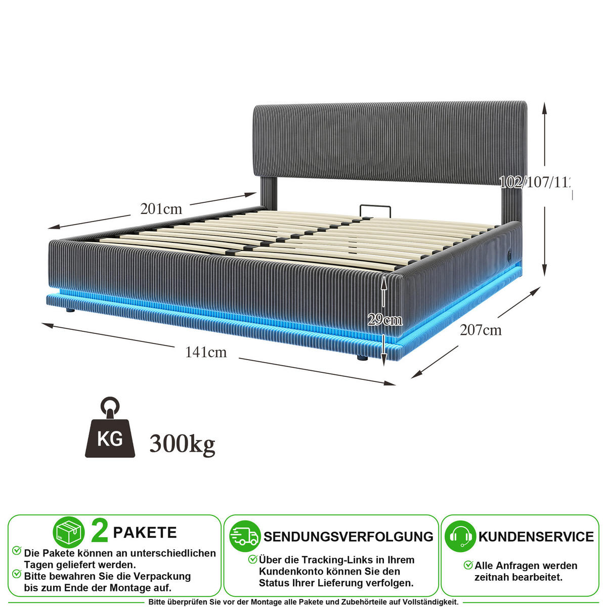 POLSTERBETT 140/200 cm in Dunkelgrau mit LED, USB-C und Stauraum Cord - Dunkelgrau, Holzwerkstoff/Textil (140/200cm) - CHICFURN