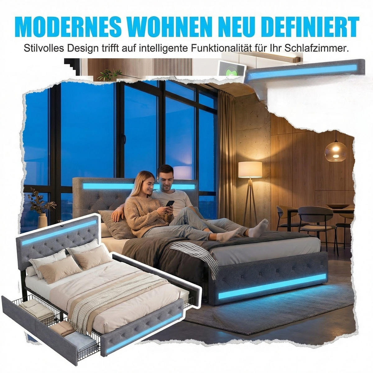 DOPPELBETT 180X200CM LEINEN GRAU LED 4 SCHUBLADEN - Grau, Holzwerkstoff - SHOPENTRA