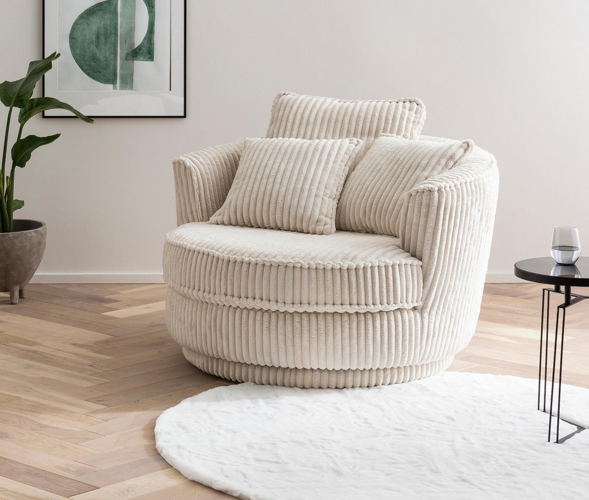 BIG-SESSEL Relaxsessel Mega Cord creme wollweiß Ø 120 cm 360° drehbar, inklusive 3x Kissen - Creme/Weiß, Holzwerkstoff/Textil (120/86/120cm) - Furn.Design