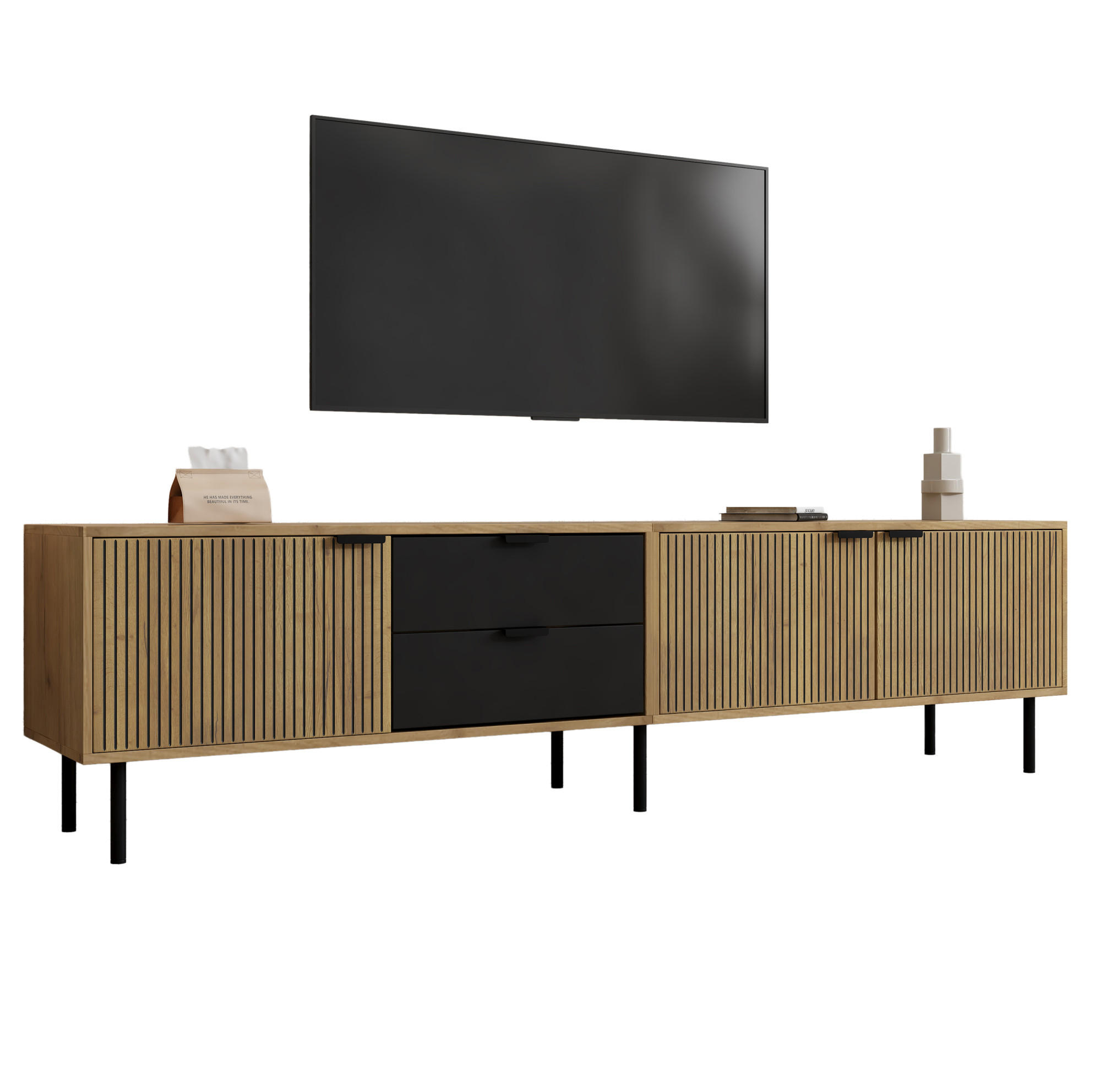 TV-LOWBOARD 208/40/48 cm schwarz/natur aus Spanplatte mit Stauraum - Schwarz, Holzwerkstoff (208/48/40cm) - OKWISH