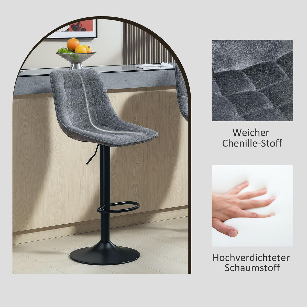 BARHOCKER 2er-Set, Gepolstert Barstuhl mit Lehne, Chenille-Optik Dunkelgrau - Dunkelgrau, Kunststoff (47/117/53cm) - HOMCOM