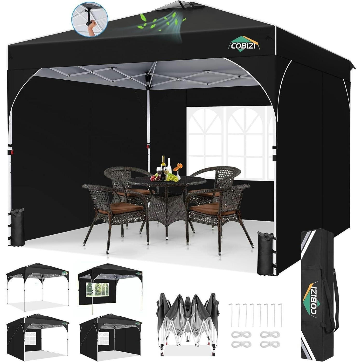FALTPAVILLON 3x3m Schwarz mit 3 Seitenwänden - Schwarz, Textil (300.2/265.2/300.2cm)