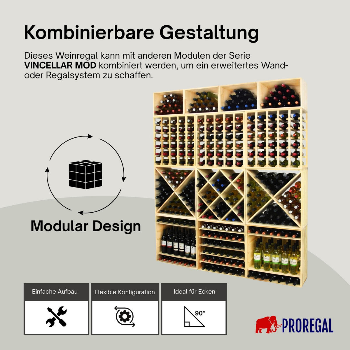 WEINREGAL Vincellar Mod 60x60x30 cm Auszug Modul Für 30 Flaschen mit Ausziehbaren Ebenen Massives Kiefernholz Natur - Naturfarben, Holz (60/60/30cm) - PROREGAL