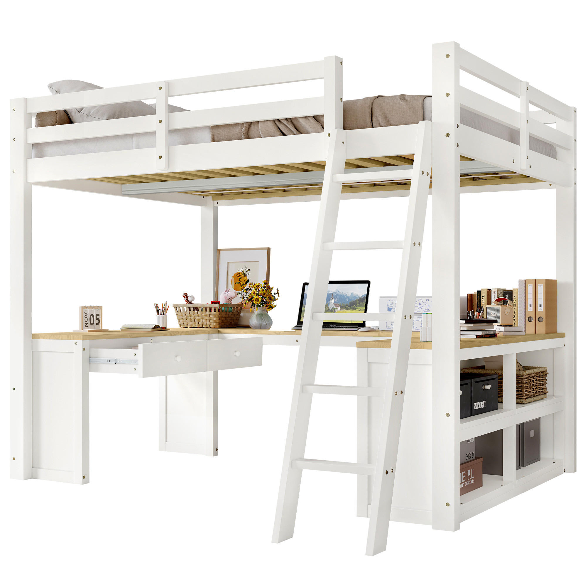 HOCHBETT 140/200 cm, Weiß/Natur mit U-förmigem Langtisch und 2 Schubladen - Weiß, Holz (140/200cm) - MIVRAY