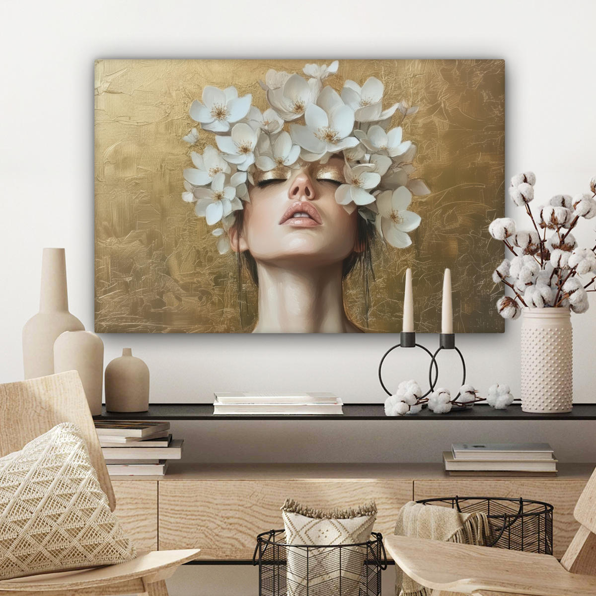 LEINWANDBILD Gesicht - Blumen - Gold - Abstrakt Gemälde 60x40 cm - Goldfarben, Textil (60/40cm) - MuchoWow