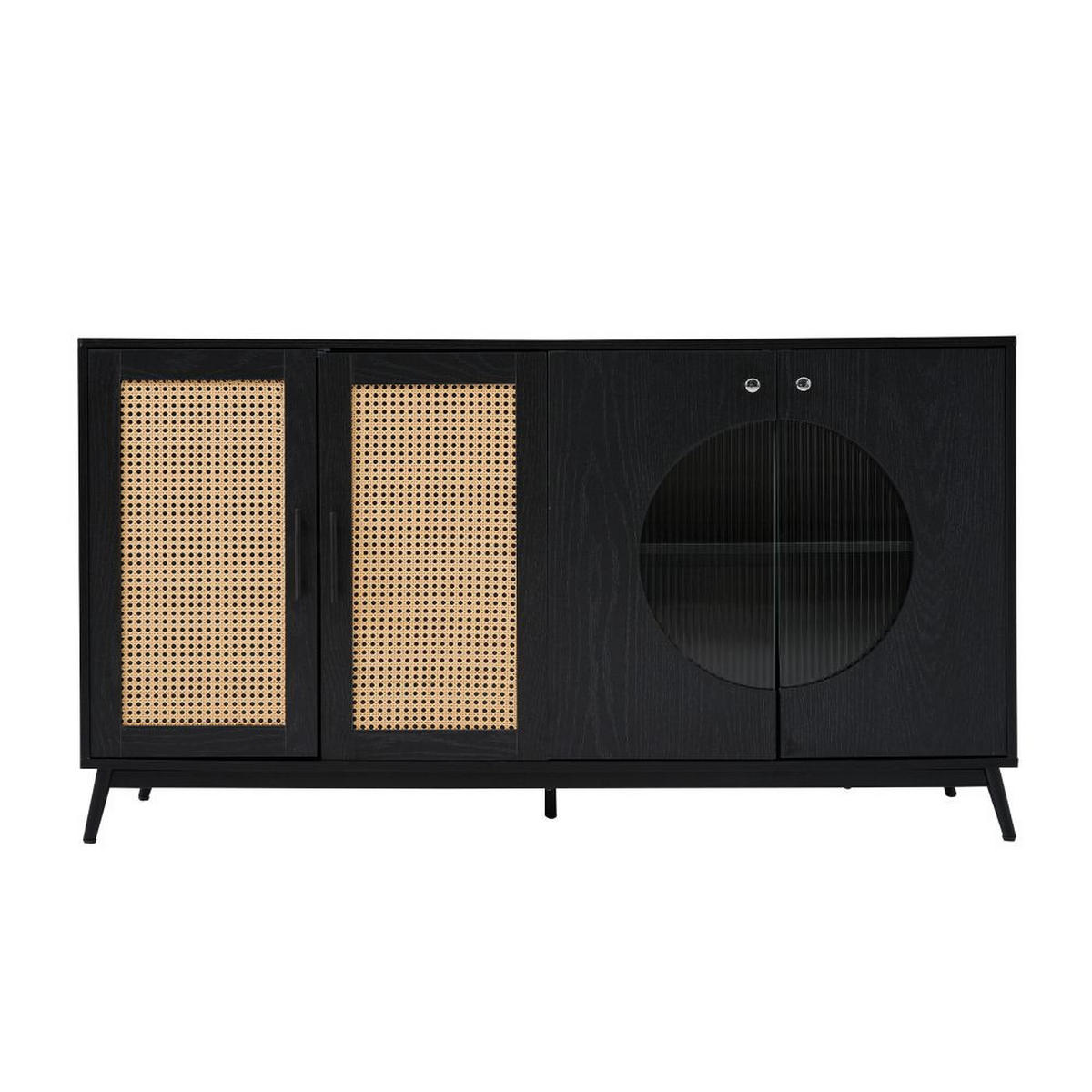 SIDEBOARD mit Glastüren aus Rattan, Halbrunde Tür,Schwarz - Schwarz, Holz (40/80/160cm) - KOMHTOM