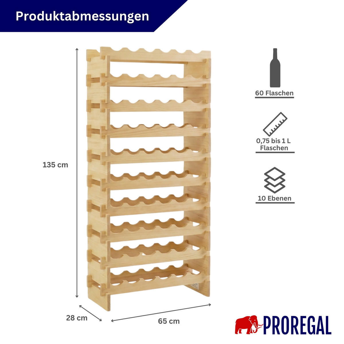 WEINREGAL NAVARRA aus Holz 135x65x28cm 60 Flaschen auf 10 Ebenen Natur unbehandelt - Naturfarben, Holz (65/135/28cm) - PROREGAL