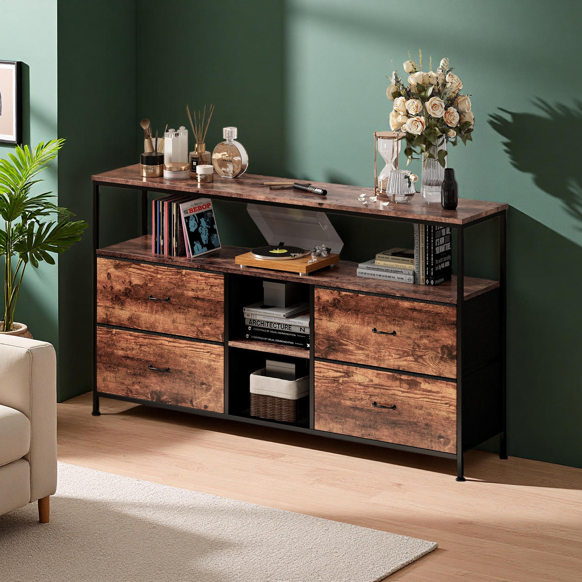 TV-SCHRANK mit Retro-Holzoptik, LED-Licht & 4 Stoffschubladen - Braun, Holzwerkstoff (29.8/76.8/108cm) - SHOPENTRA