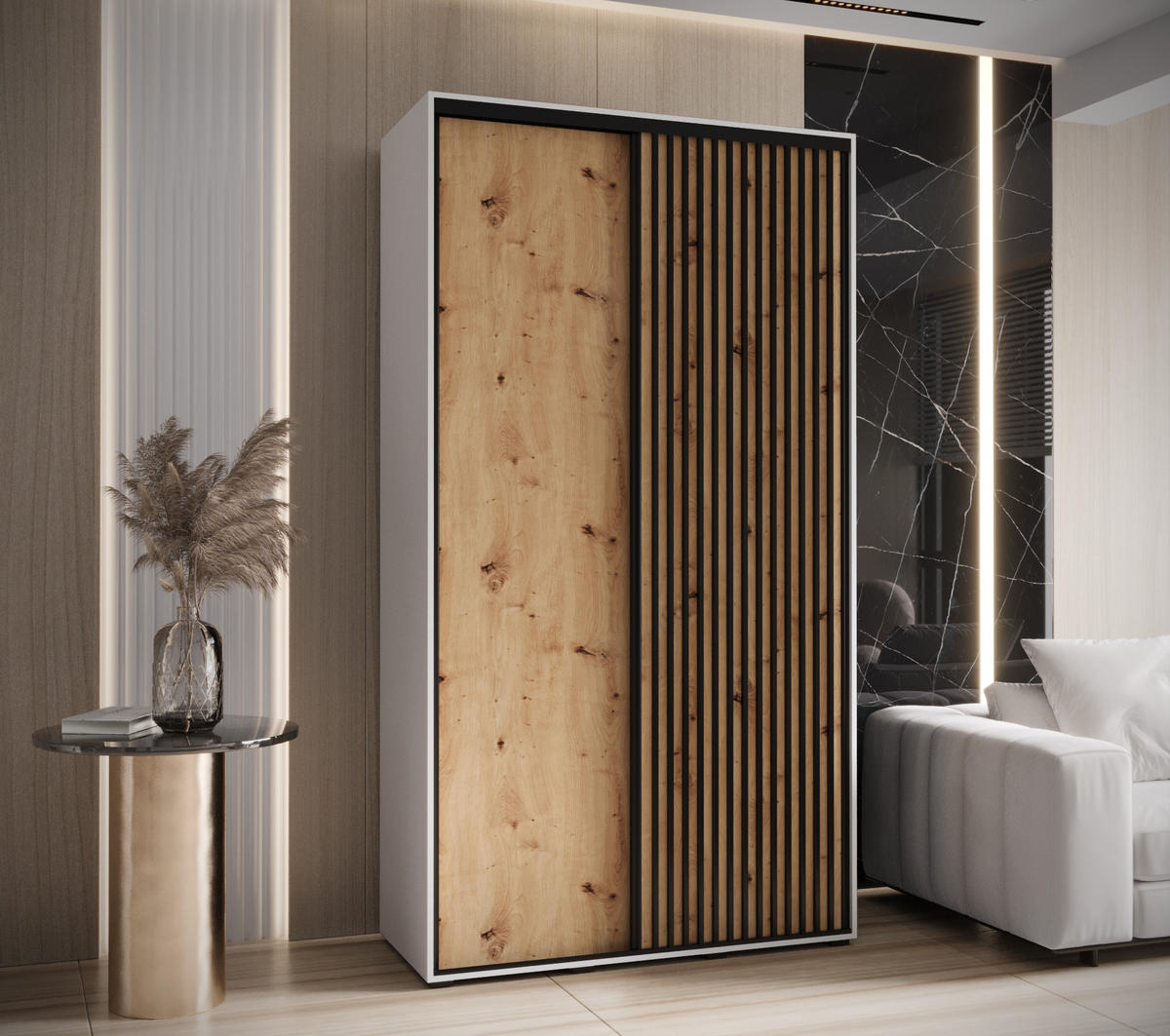 SCHWEBETÜRENSCHRANK 205,2/140/60 2-türig - Schwarz/Eiche Artisan, Holz/Metall (140/205.2/60cm) - Abiks Möbel