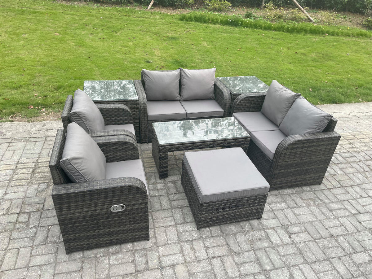 GARTENSOFA SET mit LIEGESTUHL Polyrattan 7-Sitzer Dunkelgrau - Dunkelgrau/Grau, Glas/Kunststoff - Fimous