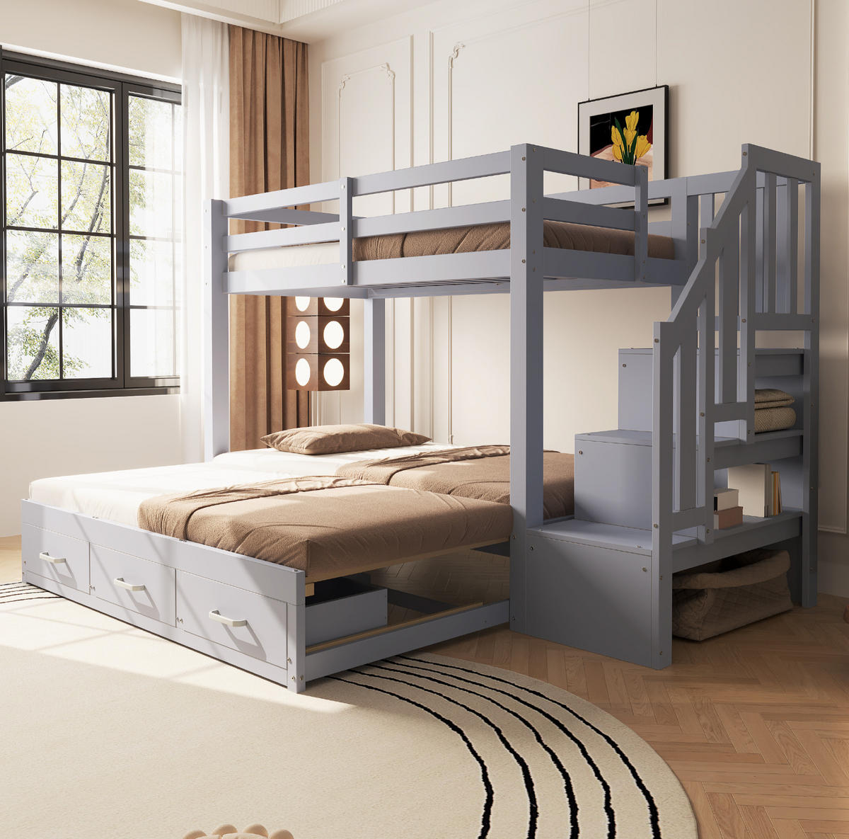 ETAGENBETT 90/200 cm aus Kiefernholz und MDF mit Ausziehbett und Stauraumleiter Grau - Grau, Holz (90/200cm) - Modenvie