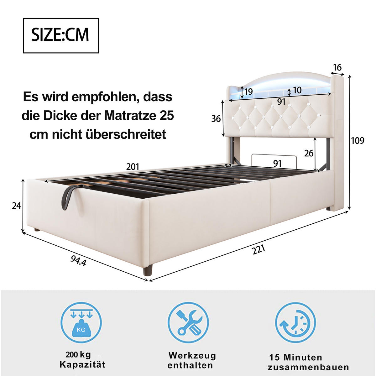 KINDERBETT 90/200 cm in Beige Samt mit Bettkasten, LED und USB - Beige, Holzwerkstoff/Textil (90/200cm) - WISHDOR